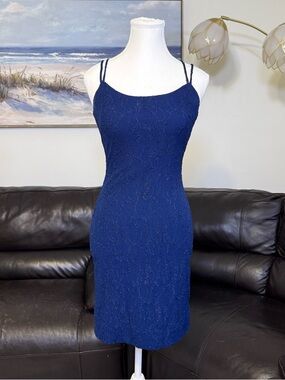 Vintage Steppin Out Navy Blue Bodycon Dress 7/8 Open Back Strappy Sparkle Mini